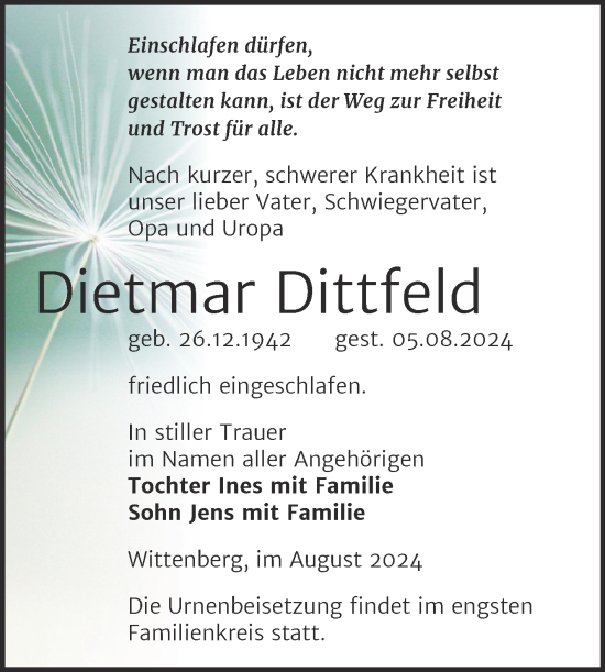 Traueranzeige von Dietmar Dittfeld von Trauerkombi Wittenberg