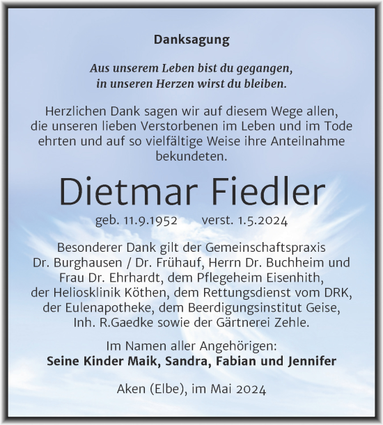 Traueranzeige von Dietmar Fiedler von Trauerkombi Köthen