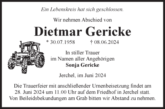 Traueranzeige von Dietmar Gericke von Volksstimme Altmark Ost