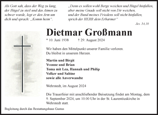 Traueranzeige von Dietmar Großmann von Volksstimme Halberstadt