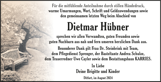 Traueranzeige von Dietmar Hübner von Trauerkombi Quedlinburg