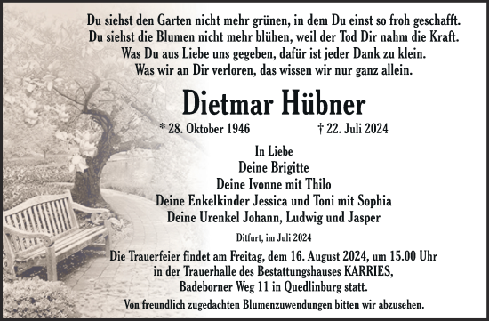 Traueranzeige von Dietmar Hübner von Trauerkombi Quedlinburg