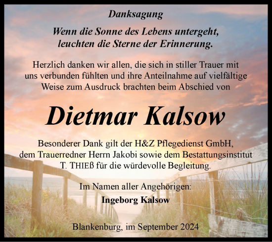 Traueranzeige von Dietmar Kalsow von Volksstimme Wernigerode