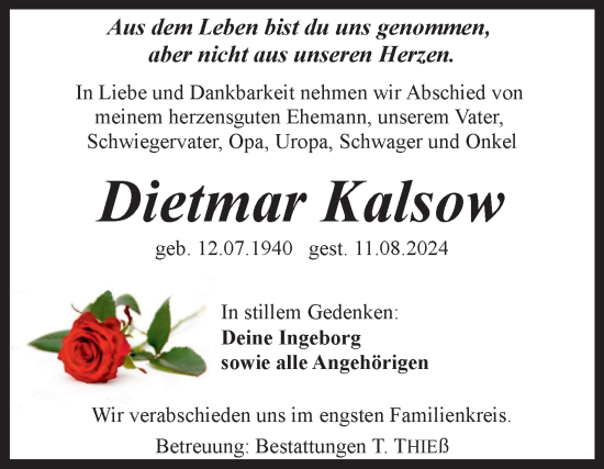 Traueranzeige von Dietmar Kalsow von Volksstimme Wernigerode