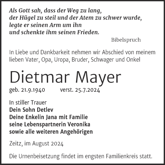 Traueranzeige von Dietmar Mayer von Trauerkombi Zeitz