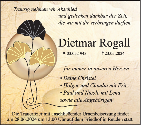 Traueranzeige von Dietmar Rogall von Trauerkombi Bitterfeld