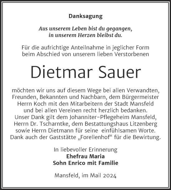 Traueranzeige von Dietmar Sauer von Trauerkombi Mansfelder Land