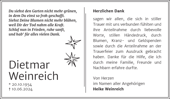 Traueranzeige von Dietmar Weinreich von Trauerkombi Aschersleben