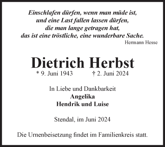 Traueranzeige von Dietrich Herbst von Volksstimme Altmark Ost