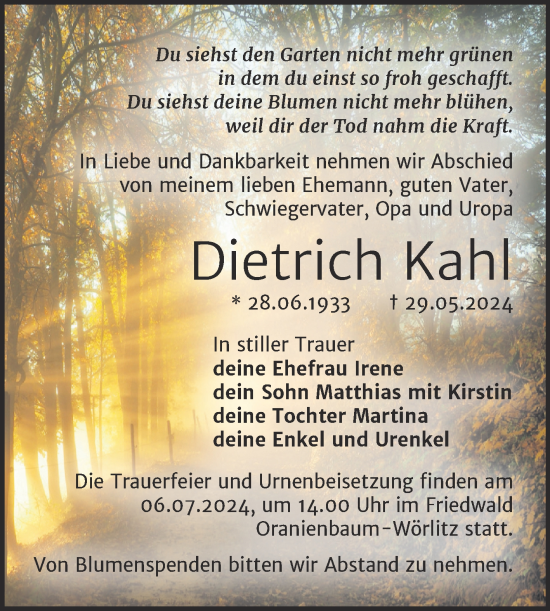 Traueranzeige von Dietrich Kahl von Trauerkombi Dessau