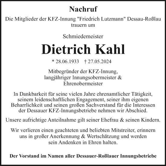 Traueranzeige von Dietrich Kahl von Super Sonntag Dessau-Roßlau