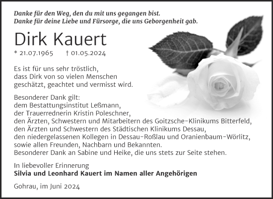 Traueranzeige von Dirk Kauert von Super Sonntag Dessau-Roßlau