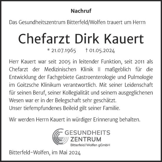Traueranzeige von Dirk Kauert von SuperSonntag Bitterfeld