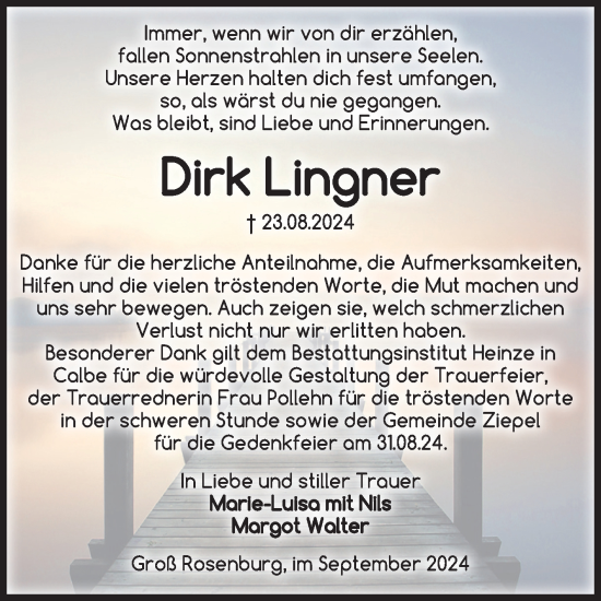 Traueranzeige von Dirk Lingner von Volksstimme Burg/Genthin