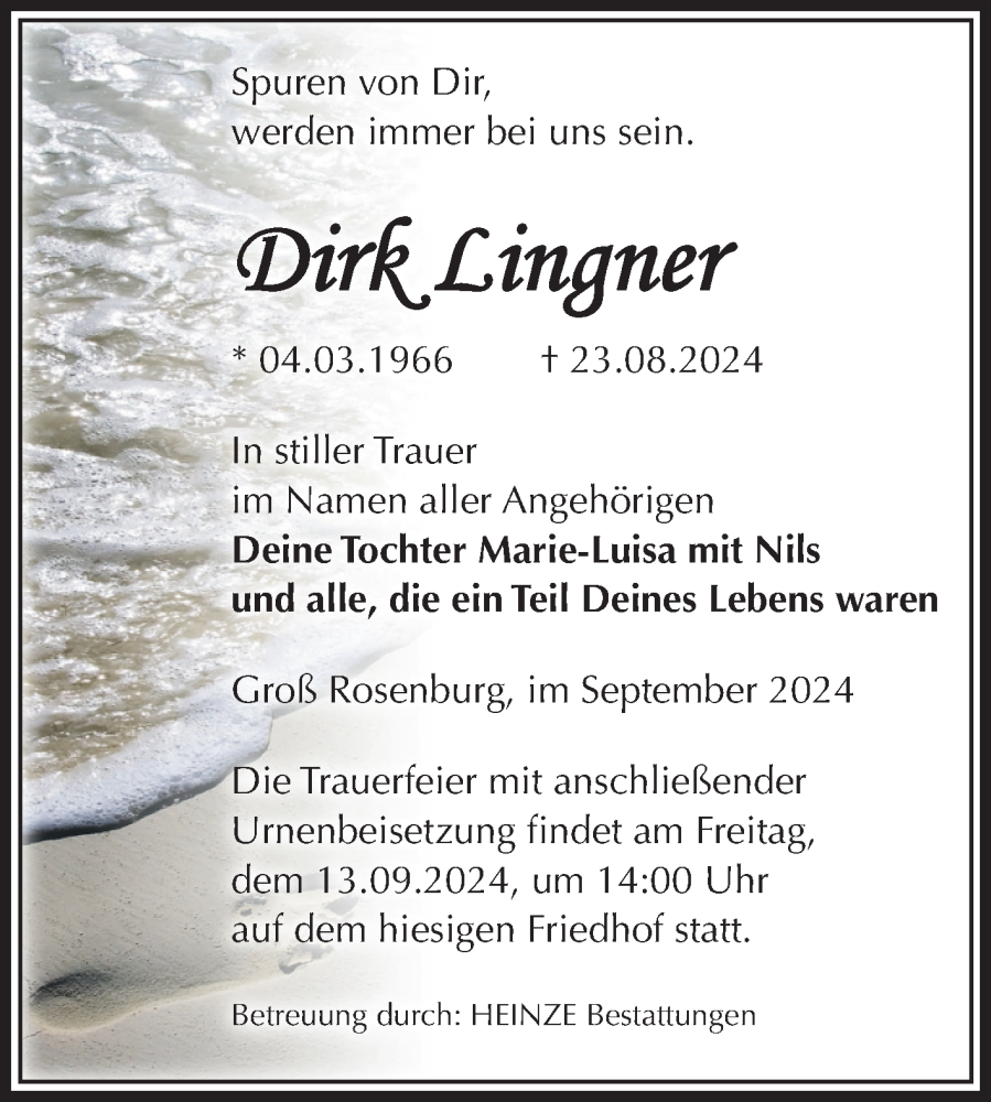  Traueranzeige für Dirk Lingner vom 07.09.2024 aus Volksstimme Schönebeck