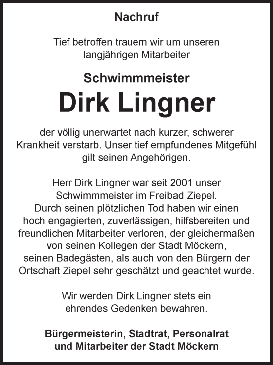 Traueranzeige von Dirk Lingner von Volksstimme Burg/Genthin