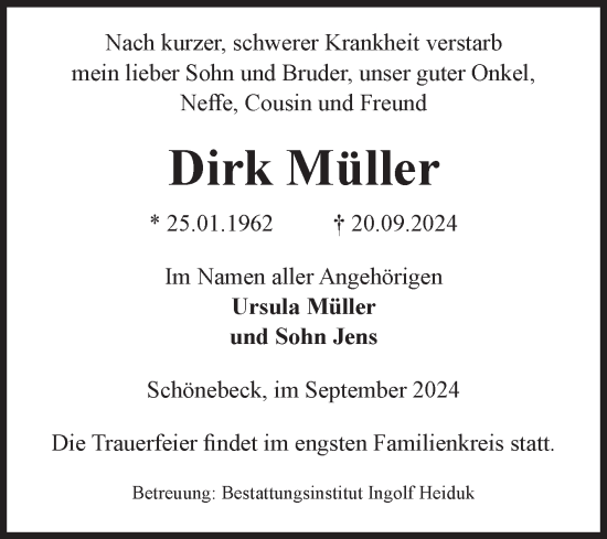 Traueranzeige von Dirk Müller von Volksstimme Schönebeck