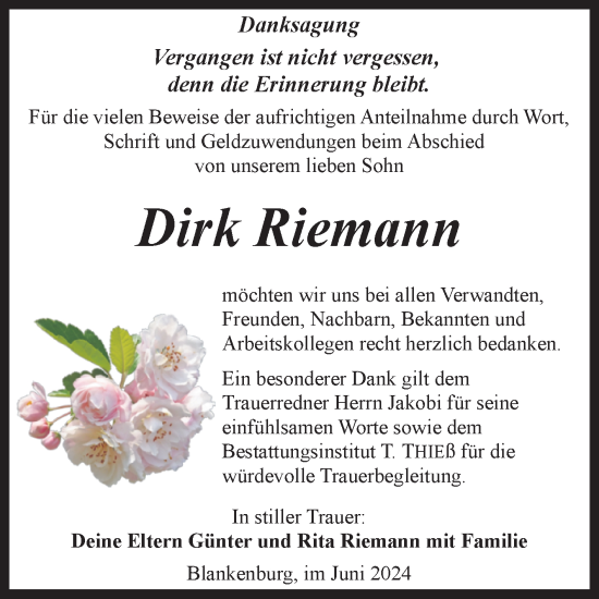 Traueranzeige von Dirk Riemann von Volksstimme Wernigerode