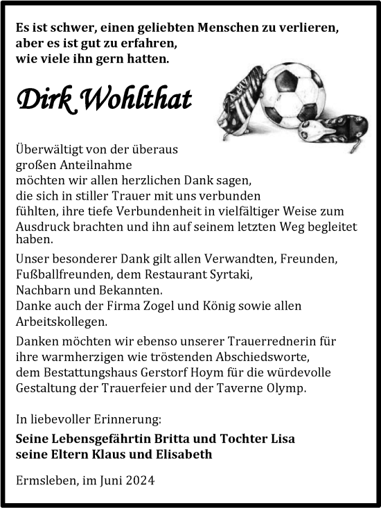 Traueranzeige von Dirk Wohlthat von Trauerkombi Quedlinburg