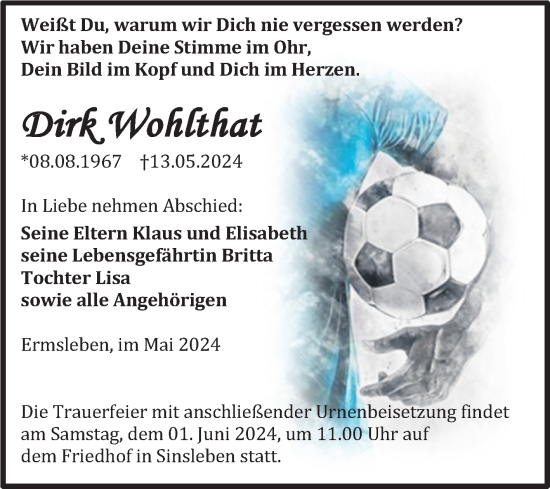 Traueranzeige von Dirk Wohlthat von Trauerkombi Quedlinburg