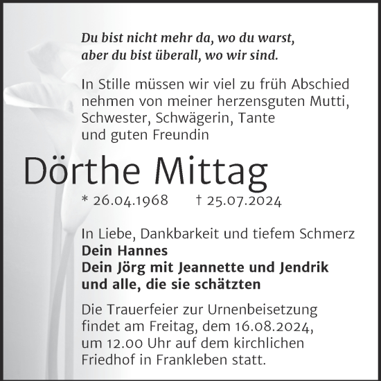 Traueranzeige von Dörthe Mittag von Trauerkombi Merseburg
