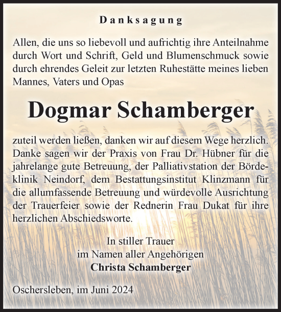 Traueranzeige von Dogmar Schamberger von Volksstimme Oschersleben/Wanzleben
