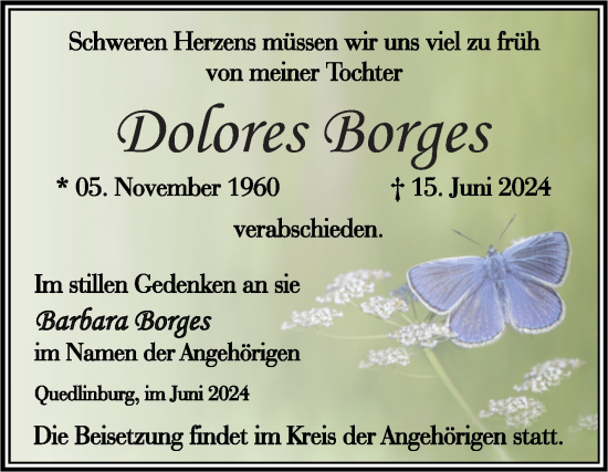 Traueranzeige von Dolores Borges von Trauerkombi Quedlinburg