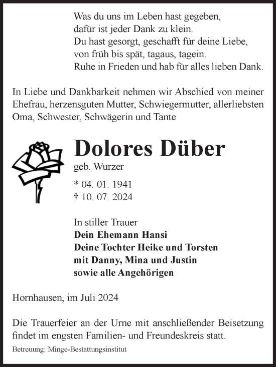Traueranzeige von Dolores Düber von Volksstimme Oschersleben/Wanzleben