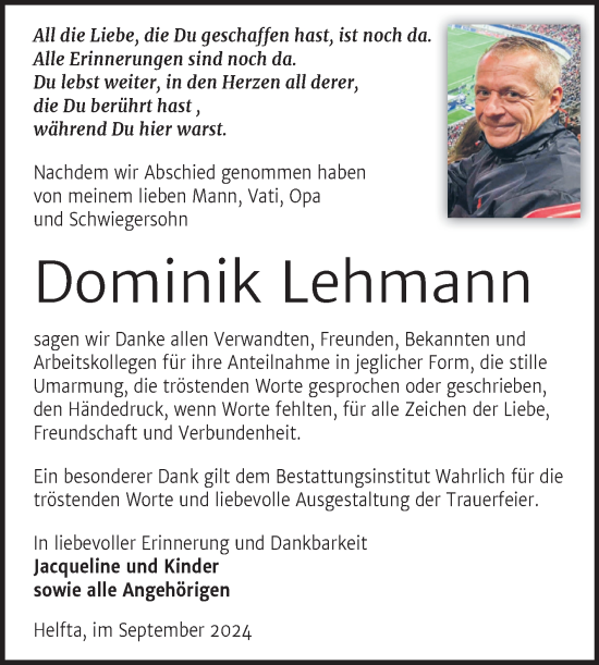 Traueranzeige von Dominik Lehmann von Trauerkombi Mansfelder Land