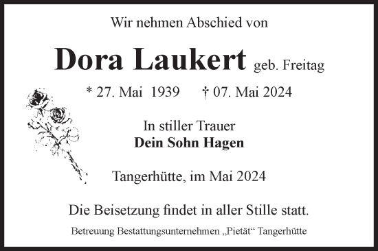 Traueranzeige von Dora Laukert von Volksstimme Altmark Ost
