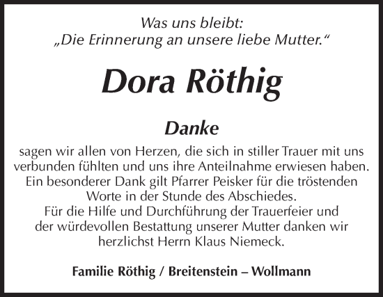 Traueranzeige von Dora Röthig von Volksstimme Magdeburg