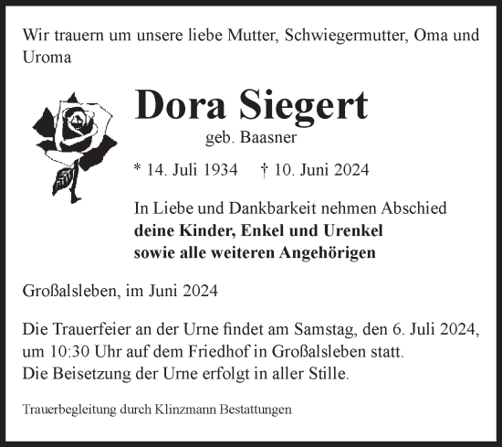 Traueranzeige von Dora Siegert von Volksstimme Oschersleben/Wanzleben