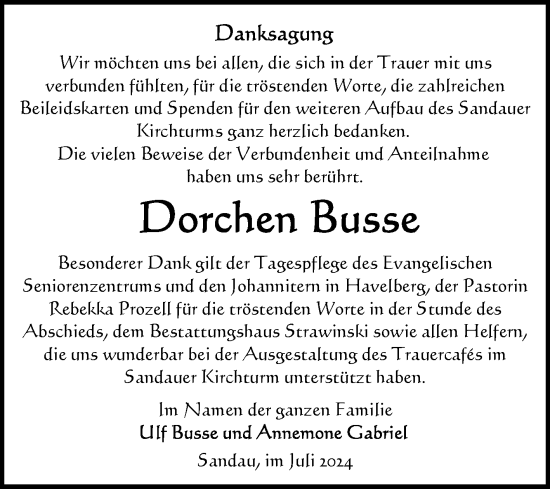 Traueranzeige von Dorchen Busse von Volksstimme Altmark Ost