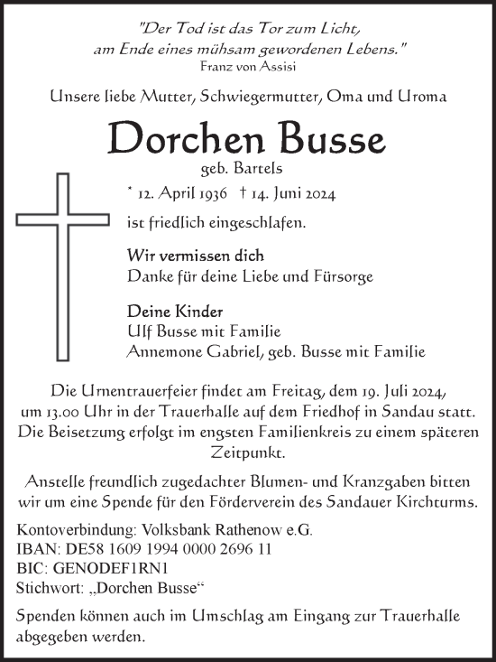 Traueranzeige von Dorchen Busse von Volksstimme Altmark Ost