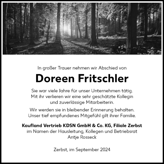 Traueranzeige von Doreen Fritschler von Volksstimme Zerbst