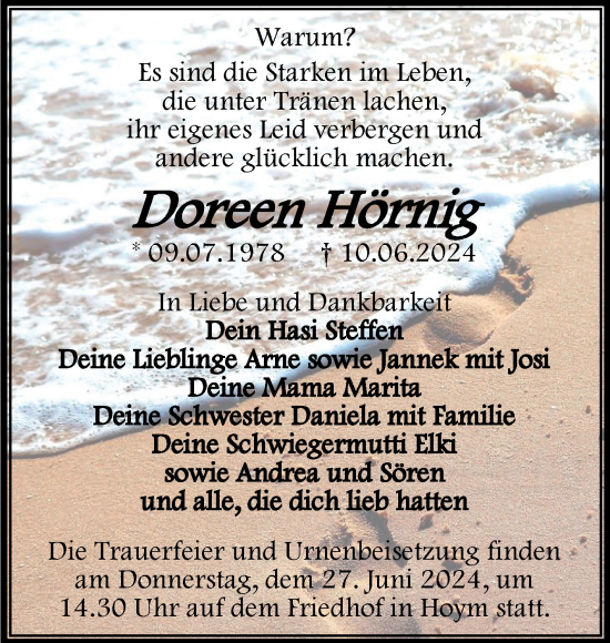 Traueranzeige von Doreen Hörnig von Trauerkombi Aschersleben
