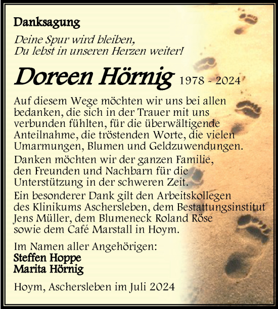 Traueranzeige von Doreen Hörnig von Trauerkombi Aschersleben
