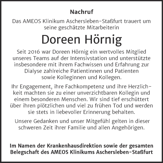 Traueranzeige von Doreen Hörnig von Super Sonntag Aschersleben