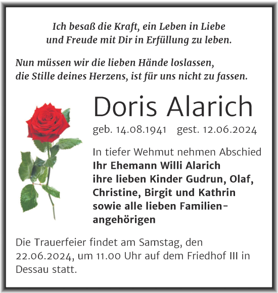 Traueranzeige von Doris Alarich von Mitteldeutsche Zeitung Dessau-Roßlau