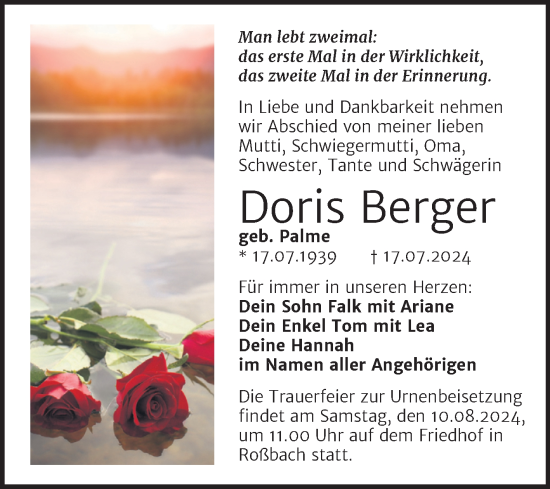 Traueranzeige von Doris Berger von Trauerkombi Merseburg