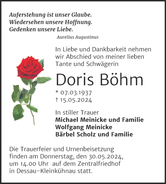 Traueranzeige von Doris Böhm von Trauerkombi Dessau
