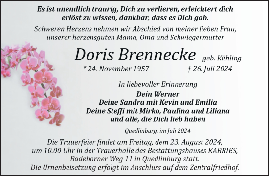 Traueranzeige von Doris Brennecke von Trauerkombi Quedlinburg