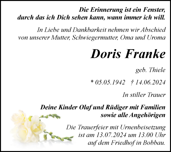 Traueranzeige von Doris Franke von Trauerkombi Bitterfeld