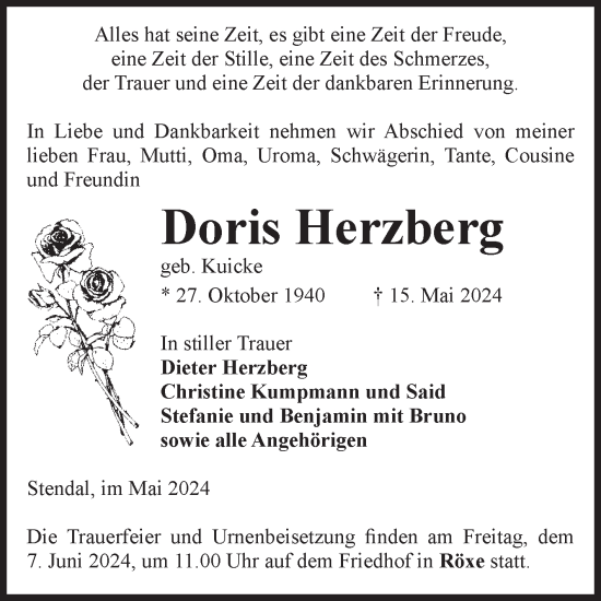 Traueranzeige von Doris Herzberg von Volksstimme Altmark Ost