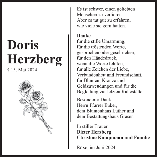 Traueranzeige von Doris Herzberg von Volksstimme Altmark Ost