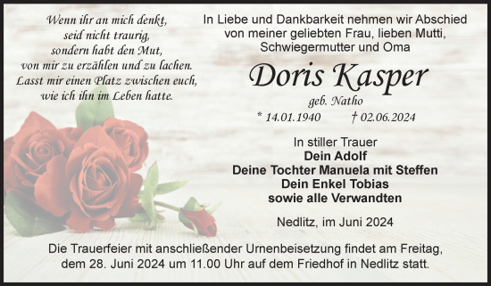 Traueranzeige von Doris Kasper von Volksstimme Burg/Genthin