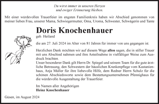 Traueranzeige von Doris Knochenhauer von Volksstimme Burg/Genthin