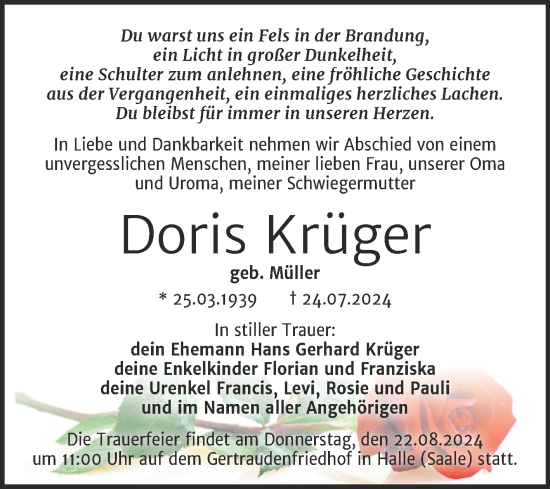 Traueranzeige von Doris Krüger von Mitteldeutsche Zeitung Halle/Saalkreis