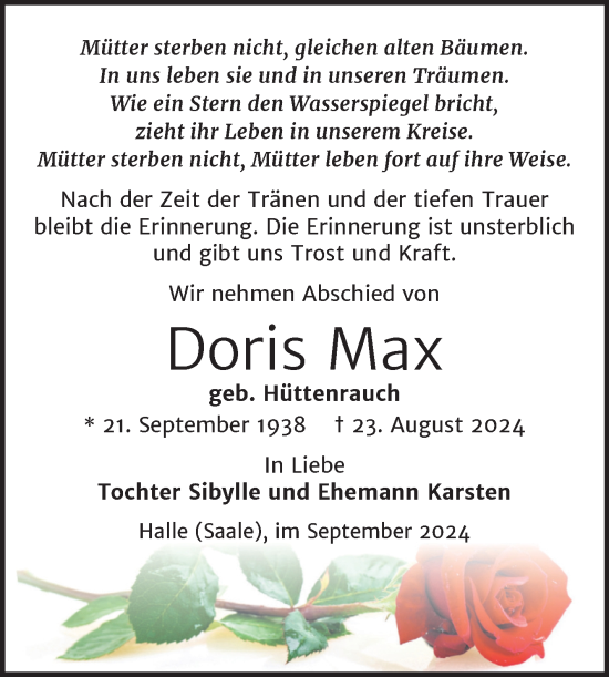 Traueranzeige von Doris Max von Mitteldeutsche Zeitung Halle/Saalkreis