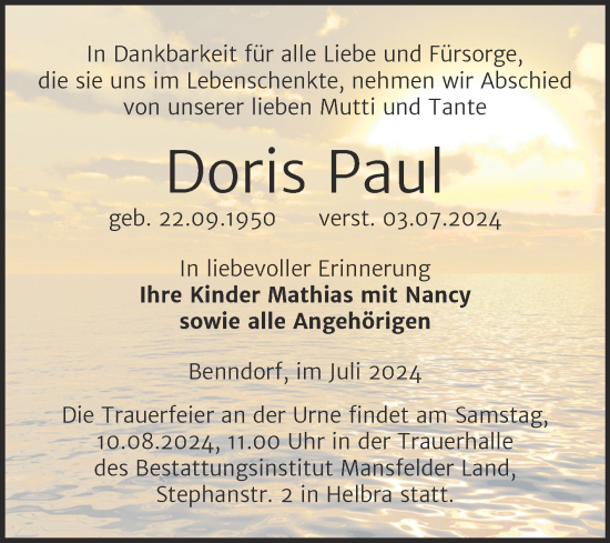 Traueranzeige von Doris Paul von Trauerkombi Mansfelder Land